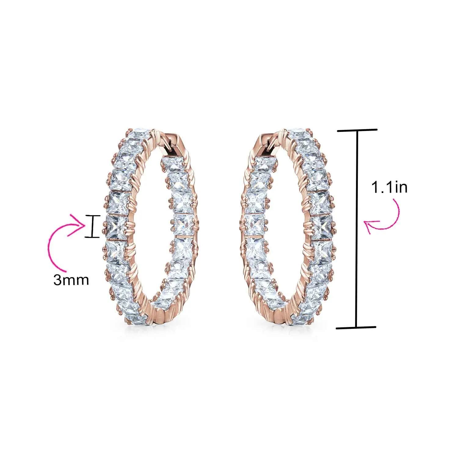 Bridal AAA CZ Inside Out Hoop Earrings Rose Gold Silver Plated 1.25"