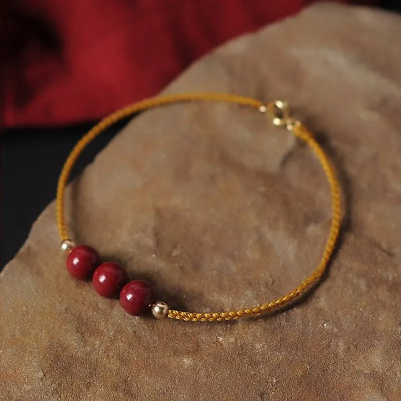 Buddha Stones 14K Gold Plated Natural Cinnabar Blessing String Braided Bracelet