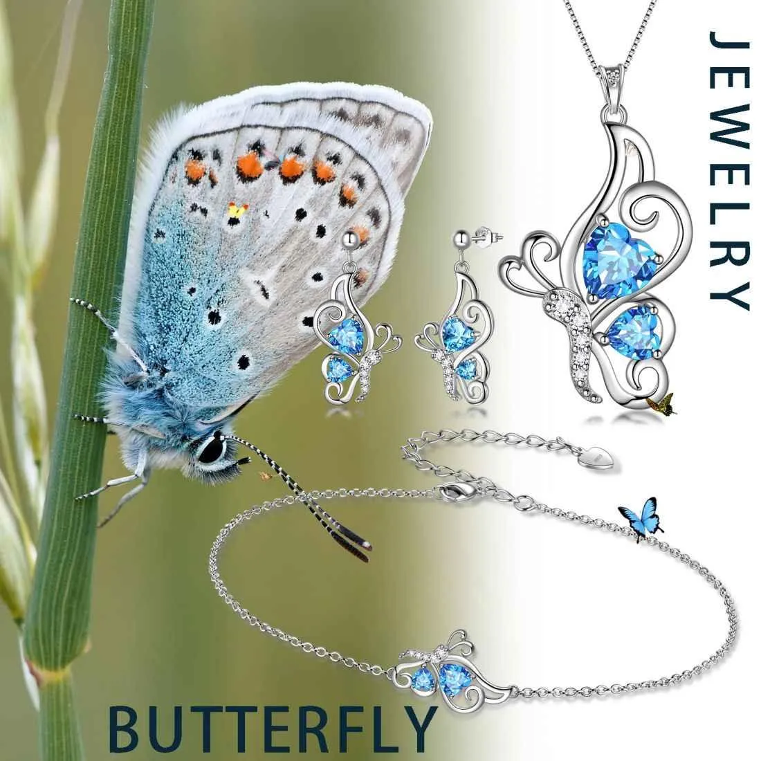 Butterfly Birthstone March Aquamarine Jewelry Set 4PCS Women Girls Birthday Gift