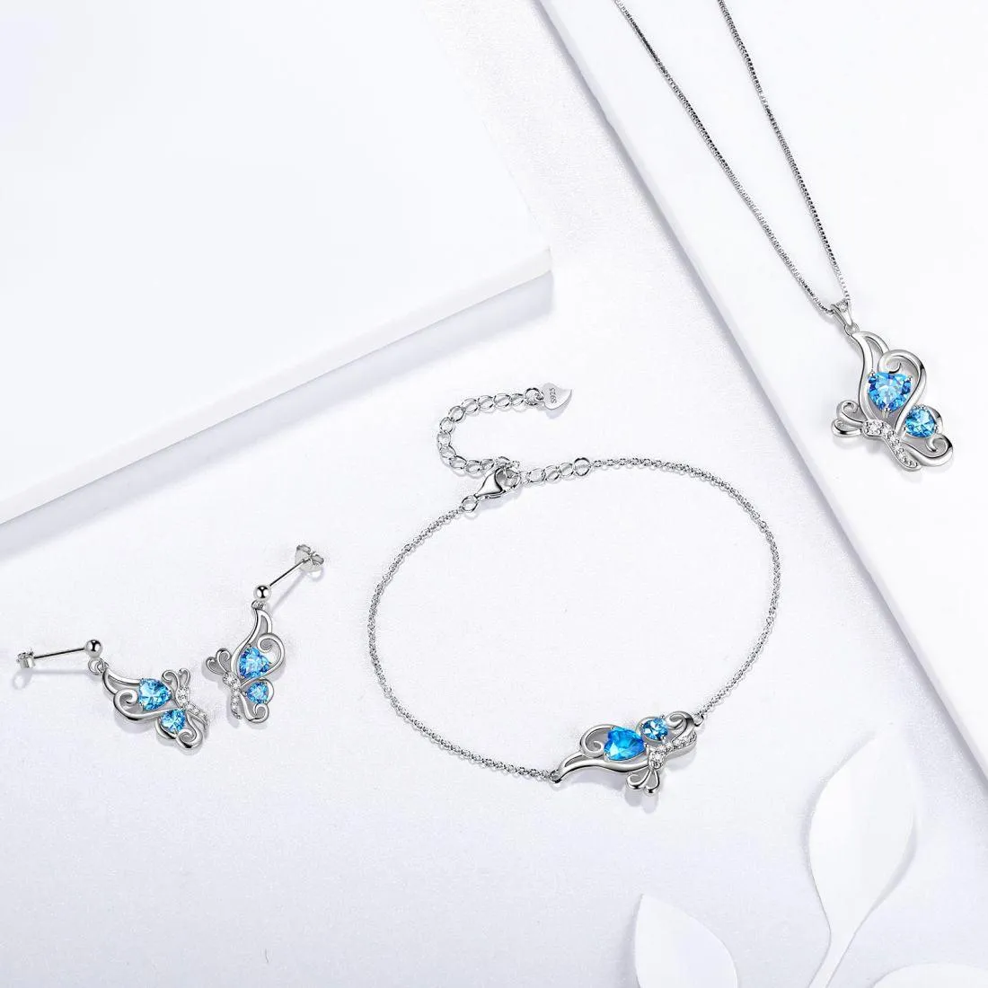 Butterfly Birthstone March Aquamarine Jewelry Set 4PCS Women Girls Birthday Gift