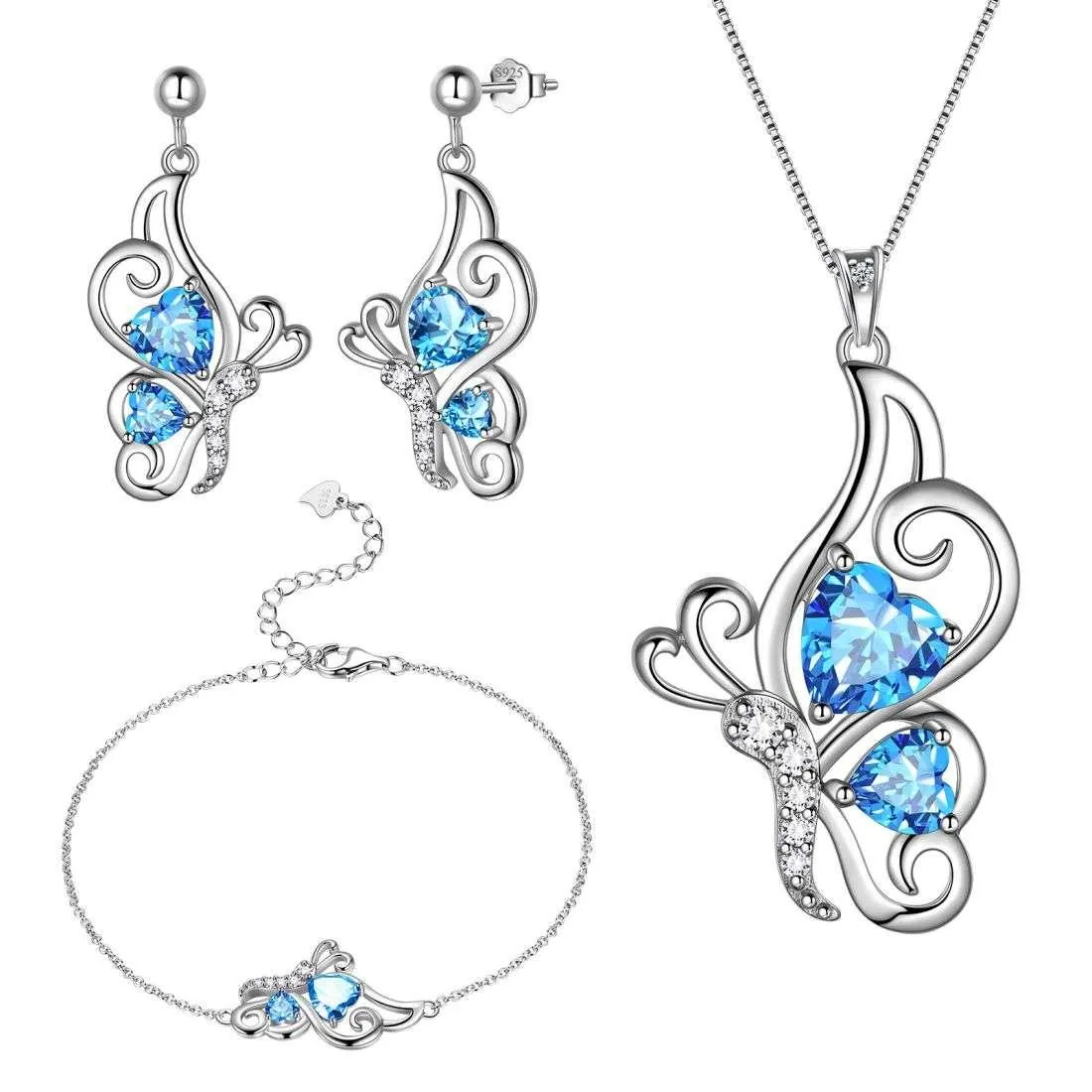 Butterfly Birthstone March Aquamarine Jewelry Set 4PCS Women Girls Birthday Gift