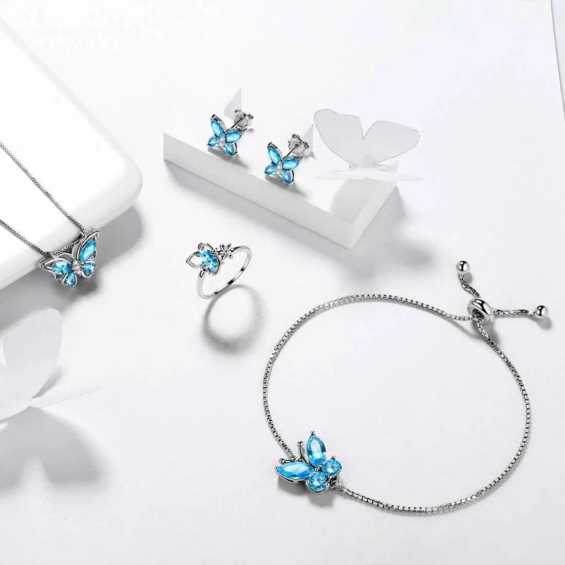 Butterfly Birthstone March Aquamarine Jewelry Set 5PCS Women Girls Birthday Gift