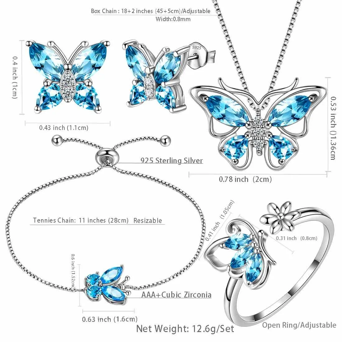 Butterfly Birthstone March Aquamarine Jewelry Set 5PCS Women Girls Birthday Gift