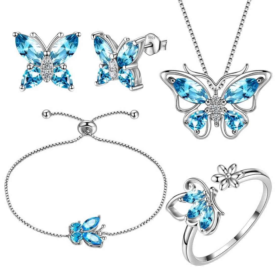 Butterfly Birthstone March Aquamarine Jewelry Set 5PCS Women Girls Birthday Gift