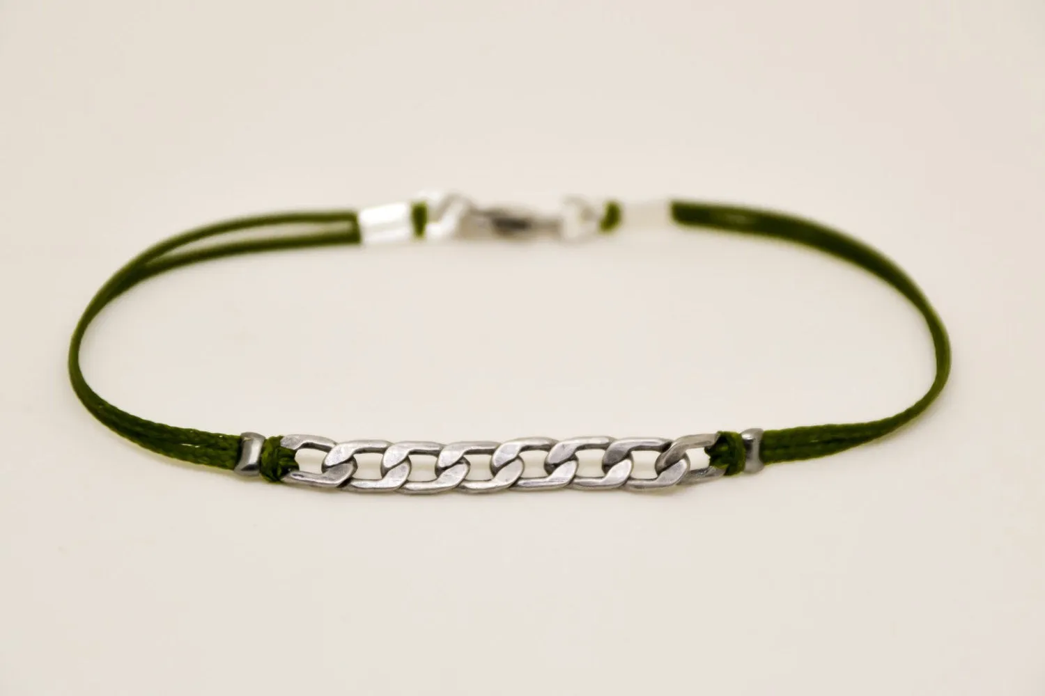 Chain bracelet for men, green string, flat link chain, handmade minimalist jewelry