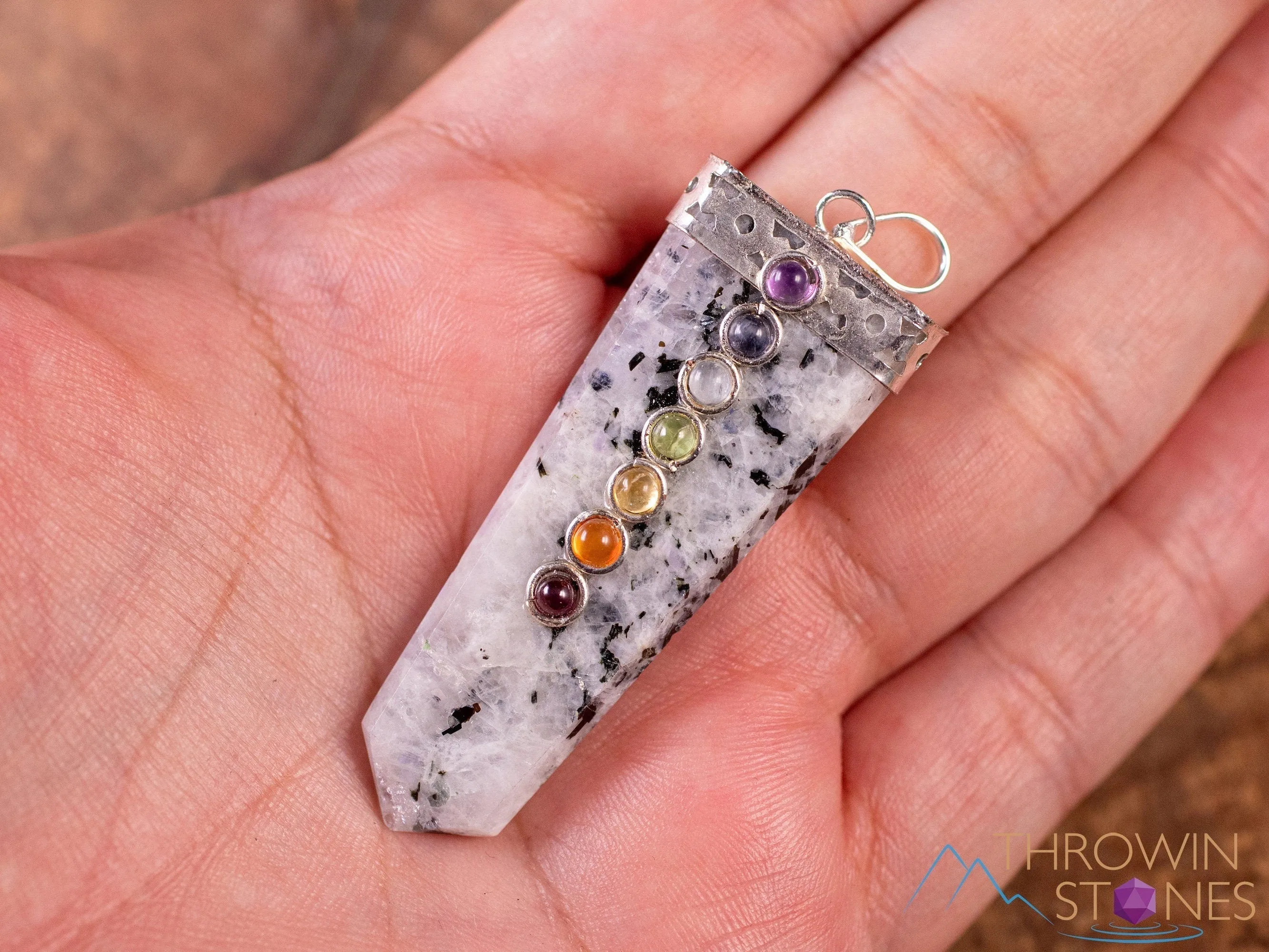 CHAKRA & Rainbow MOONSTONE Crystal Pendant - Crystal Points, Handmade Jewelry, Healing Crystals and Stones, E1919