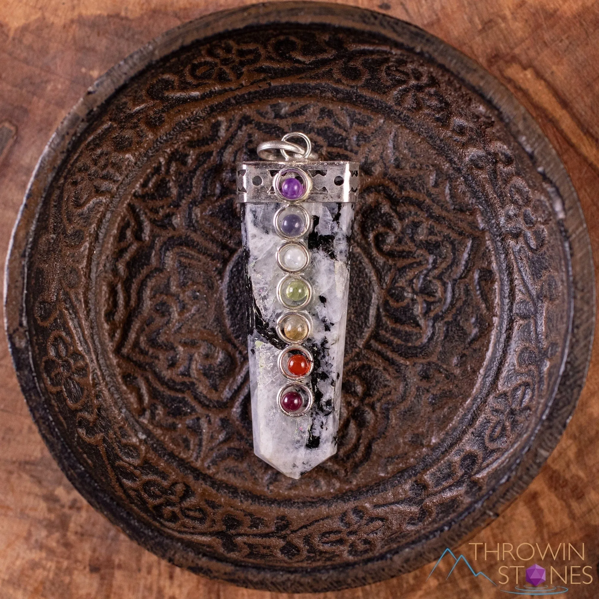 CHAKRA & Rainbow MOONSTONE Crystal Pendant - Crystal Points, Handmade Jewelry, Healing Crystals and Stones, E1919