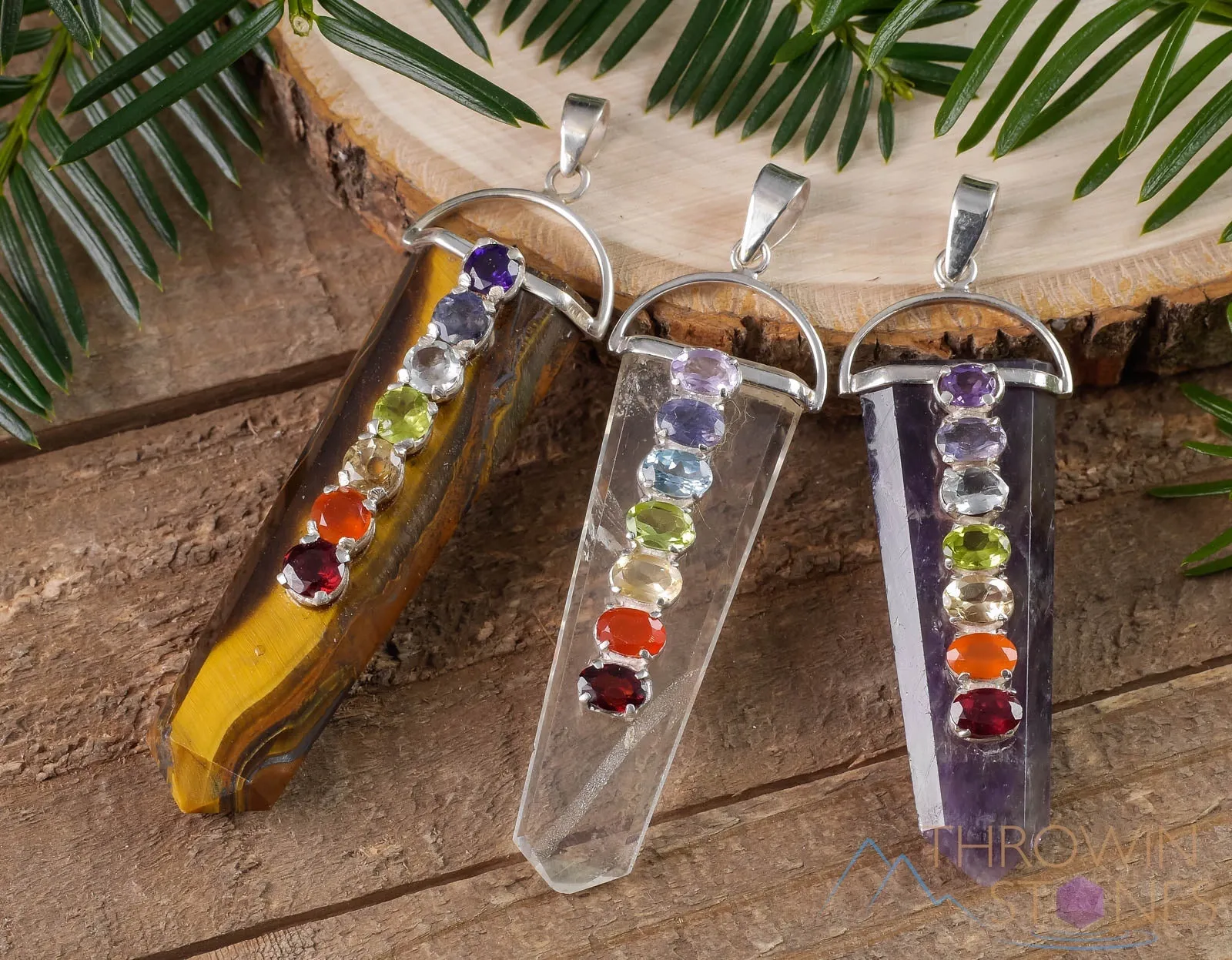 CHAKRA Crystal Pendant - Amethyst, Tigers Eye, Clear Quartz - Crystal Points, Handmade Jewelry, Chakra Necklace for Women, E1115