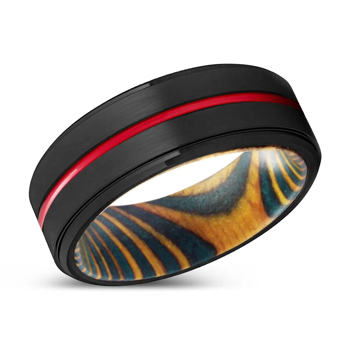 CHUCK | Green & Yellow Wood, Black Tungsten Ring, Red Groove, Stepped Edge