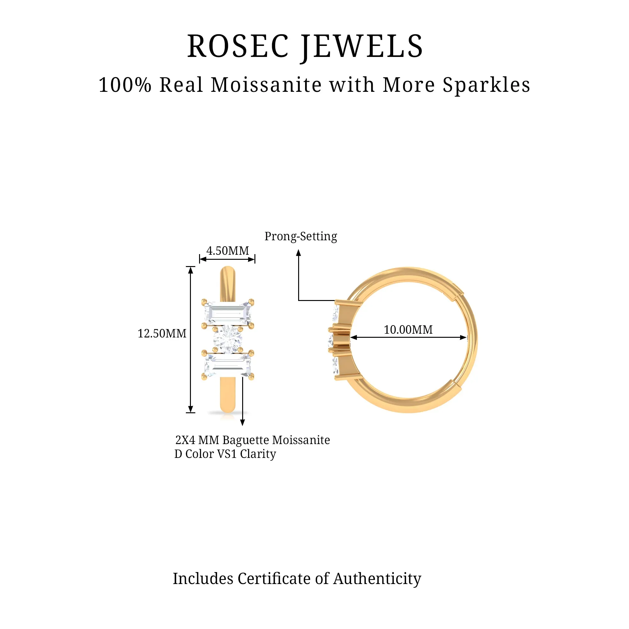 Classic Moissanite 3 Stone Hoop Earring for Conch Piercing