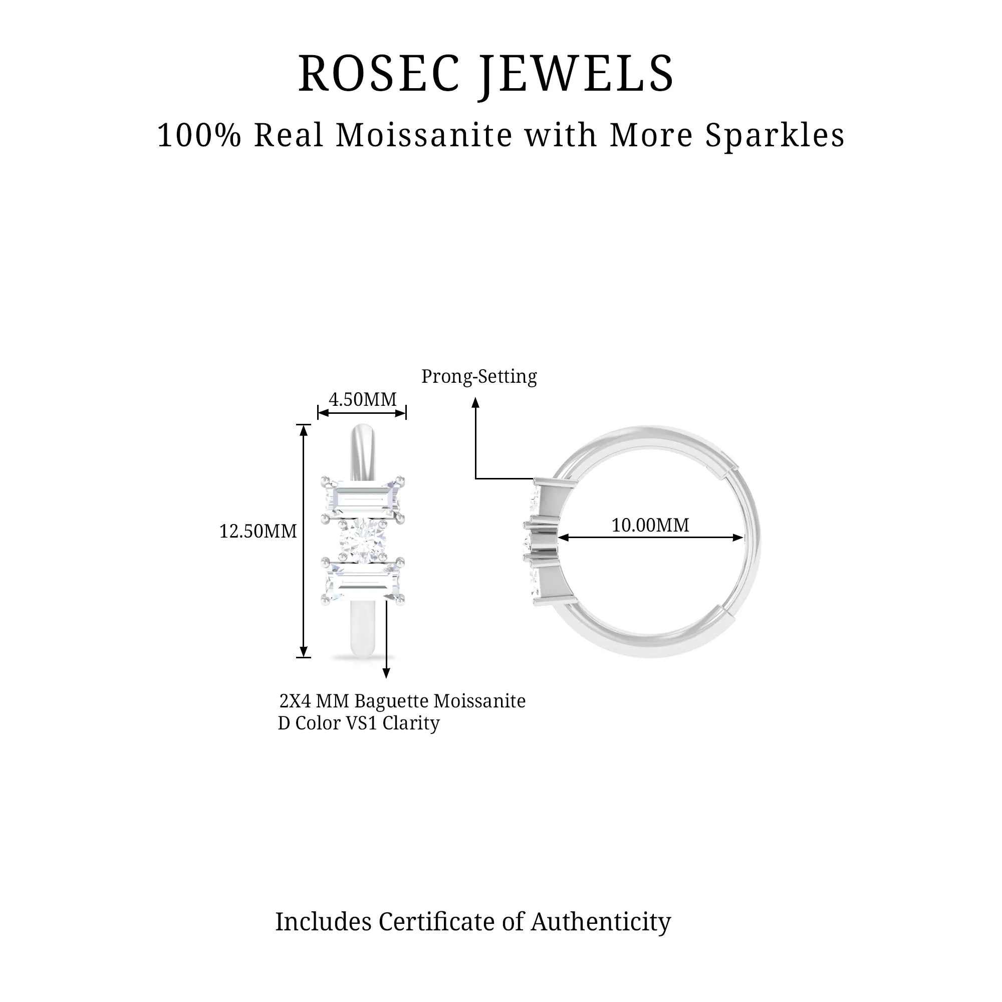 Classic Moissanite 3 Stone Hoop Earring for Conch Piercing