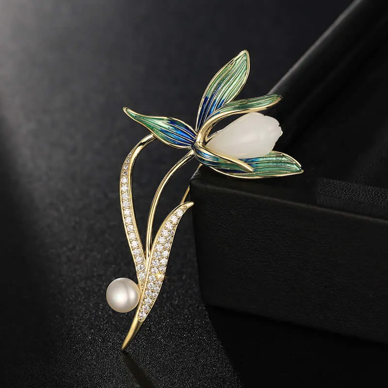 Copper High Grade White Magnolia Enamel Freshwater Pearl Brooch