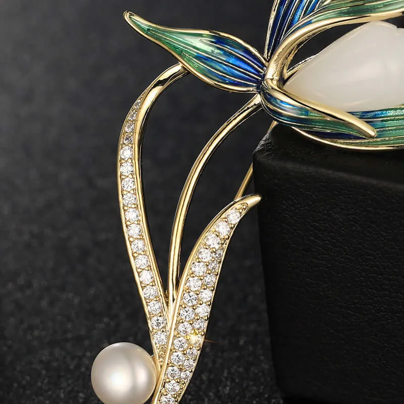 Copper High Grade White Magnolia Enamel Freshwater Pearl Brooch