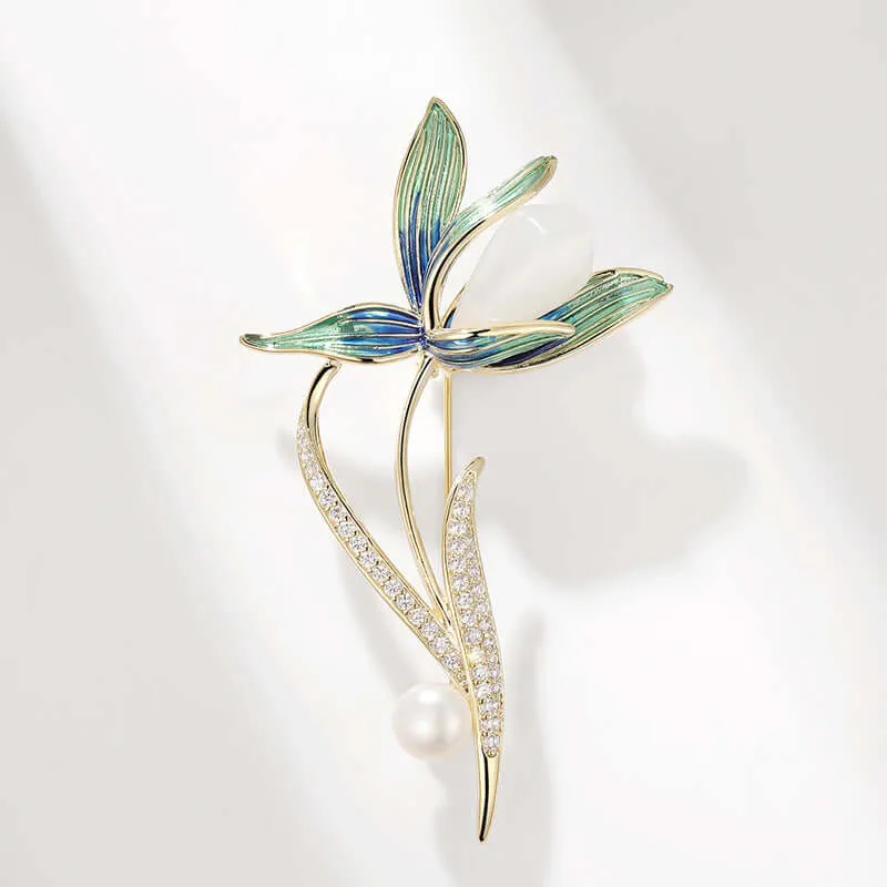 Copper High Grade White Magnolia Enamel Freshwater Pearl Brooch