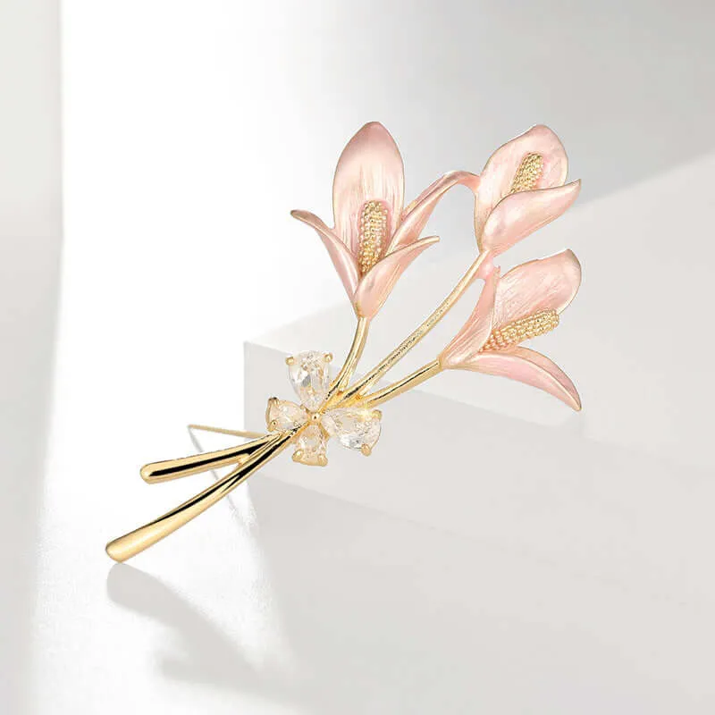 Copper Lily Elegant Enamel Floral Brooch