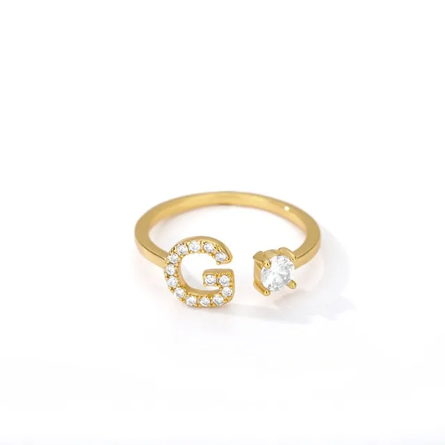 Crystal Open Adjustable 26 Initial Letter Ring