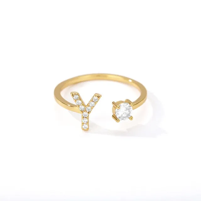 Crystal Open Adjustable 26 Initial Letter Ring