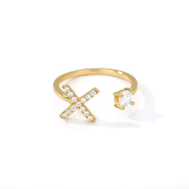 Crystal Open Adjustable 26 Initial Letter Ring