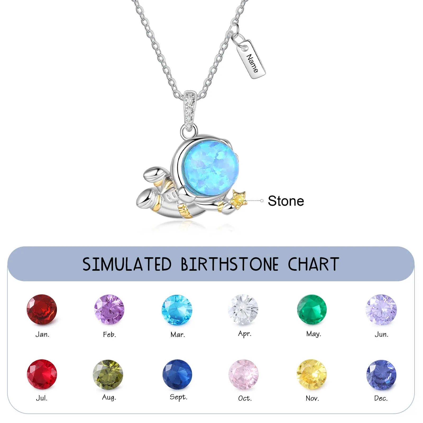 Custom Birthstone and Name Astronaut Necklace