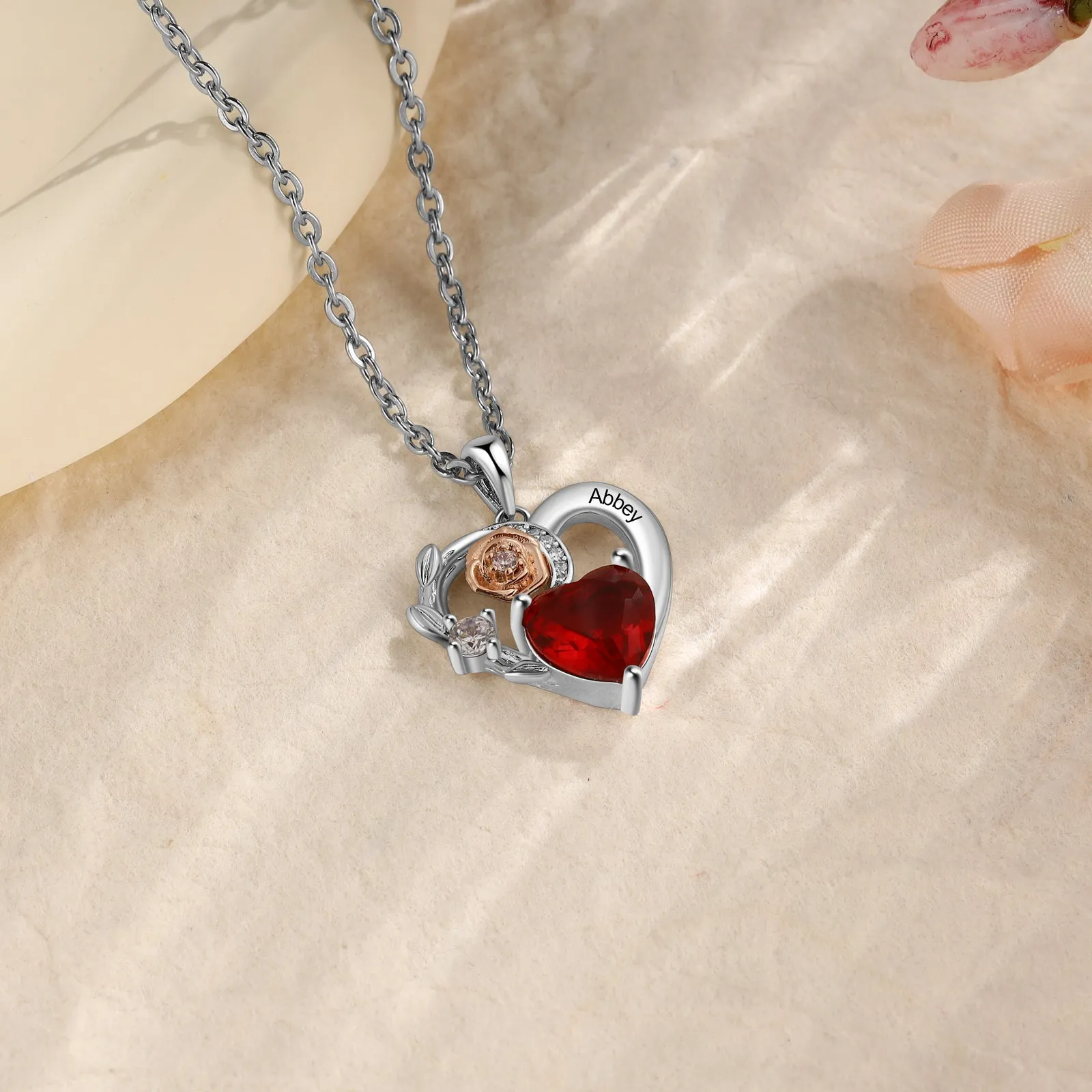 Custom Name Heart With Rose Flower Necklace