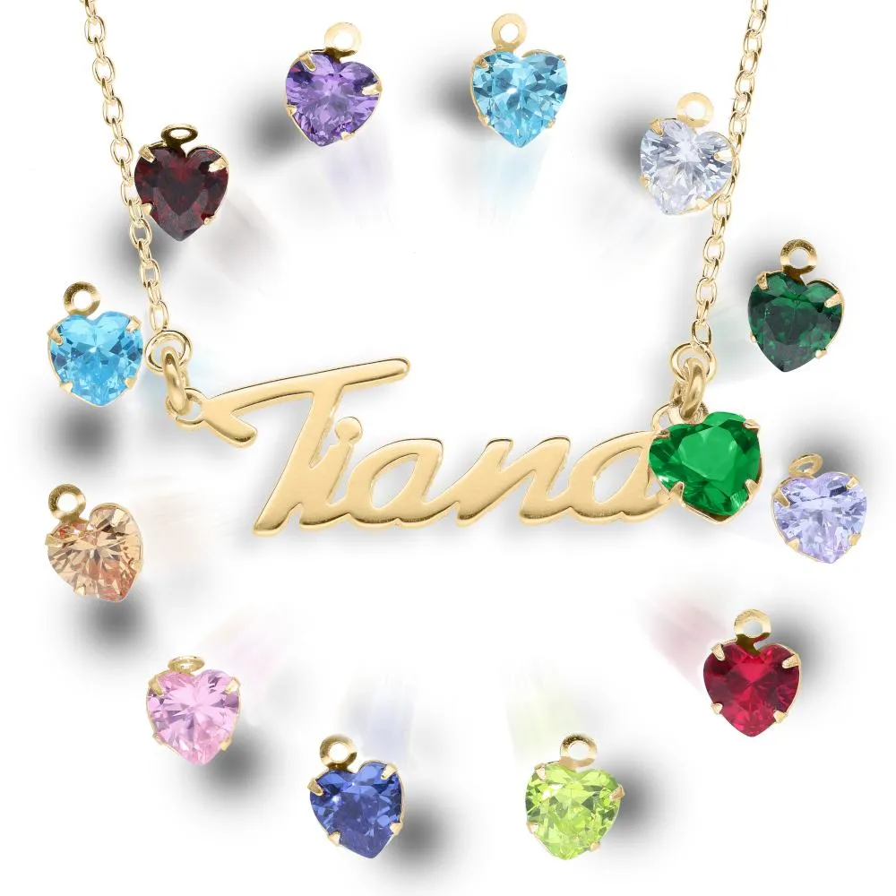 Customised Sterling Silver Birthstone Heart Name Necklace in Silver or 18ct Yellow Gold plated