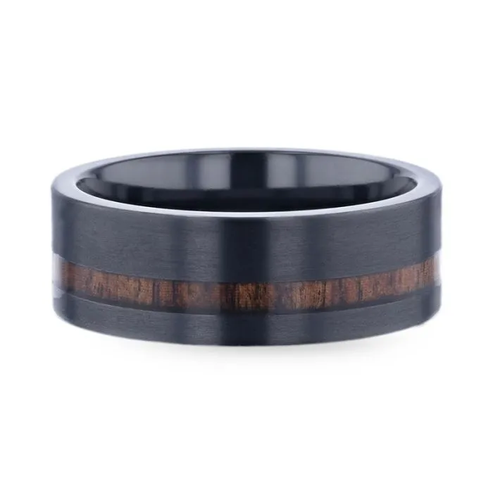 DARING | Black Titanium Ring, Off-Set Koa Wood Inlay, Flat