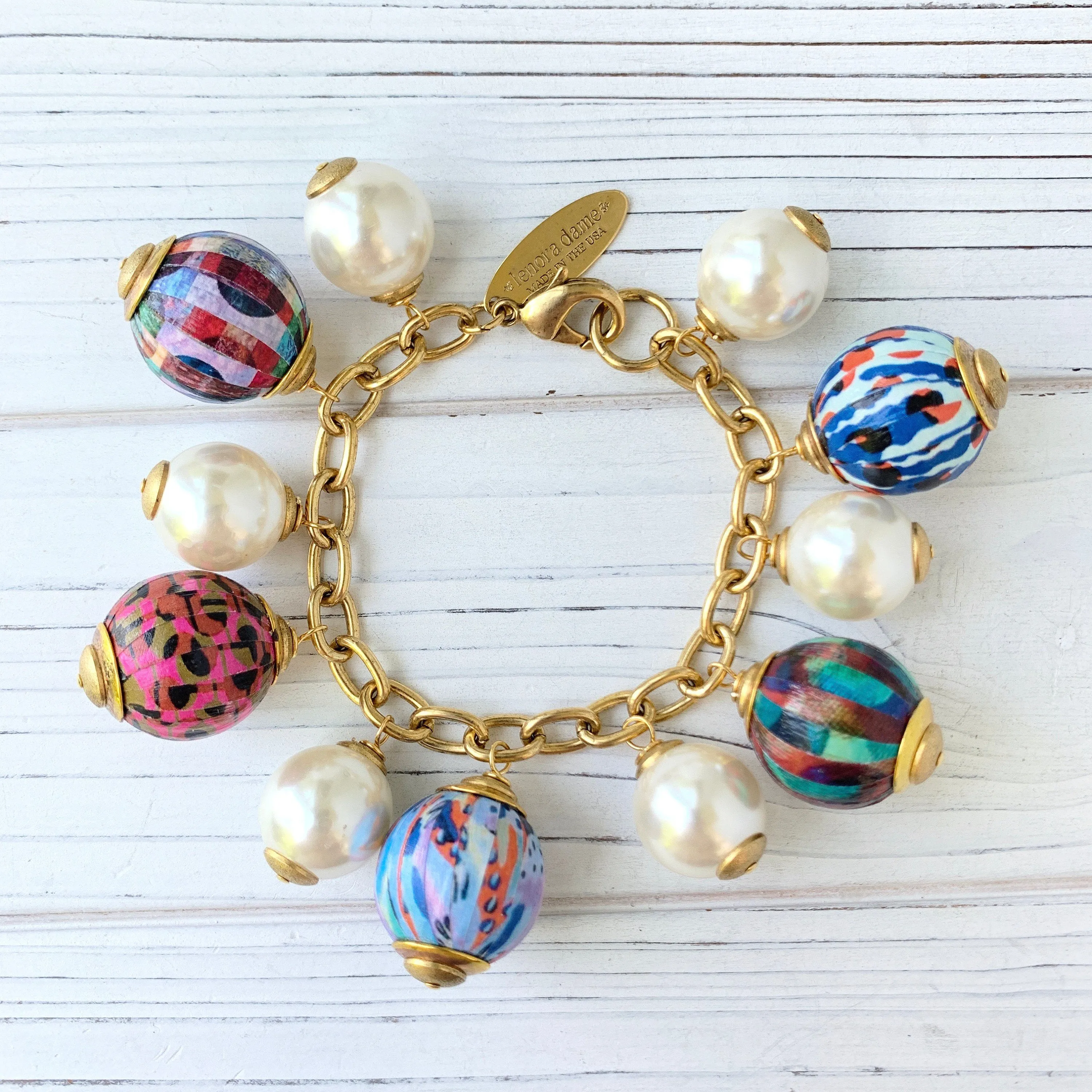 Decoupage Wooden Bead Charm Bracelet