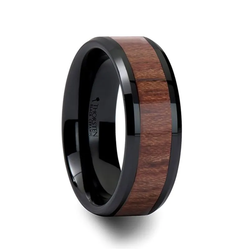 DENALI | Black Ceramic Ring, Rose Wood Inlay, Beveled, 10mm, 12mm