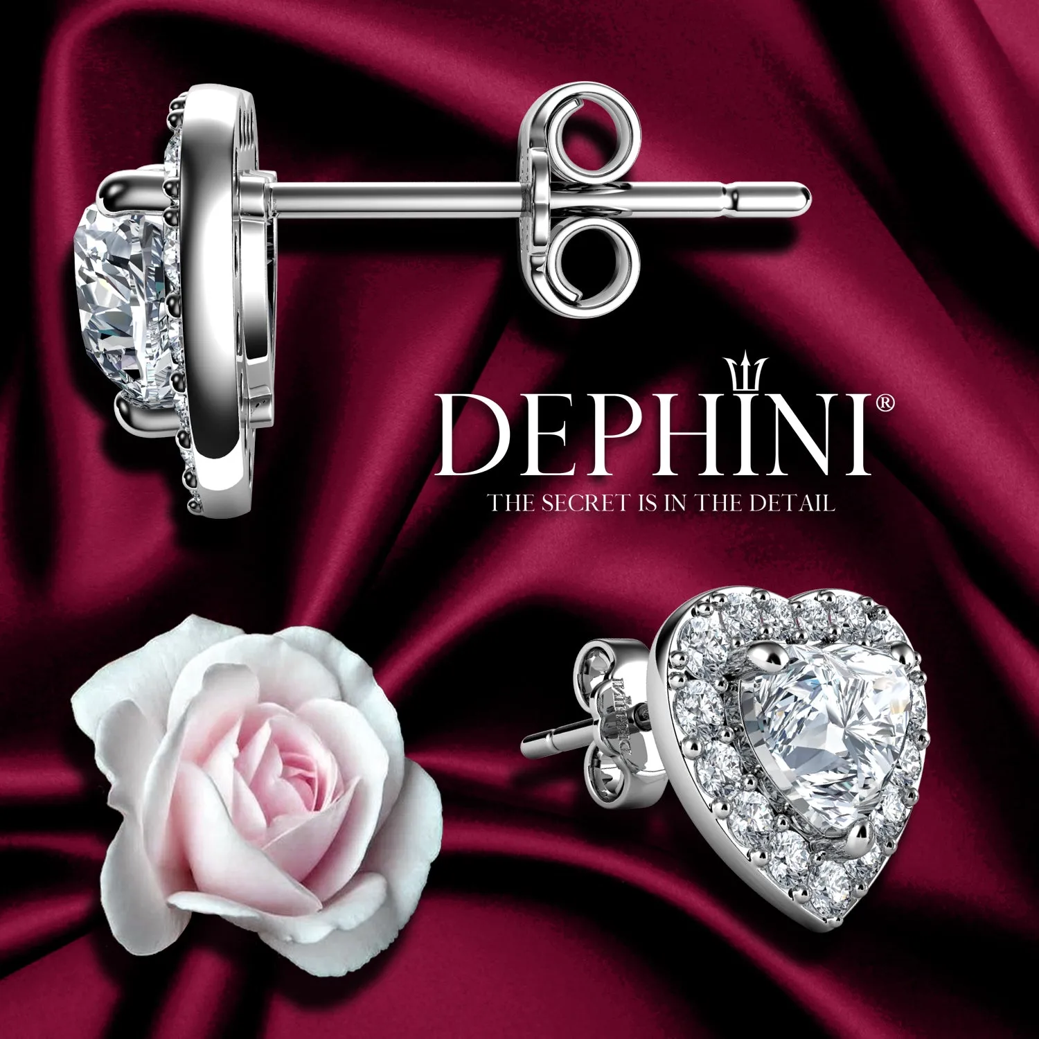 DEPHINI Heart Earrings  925 Sterling Silver Stud Earrings CZ Crystals