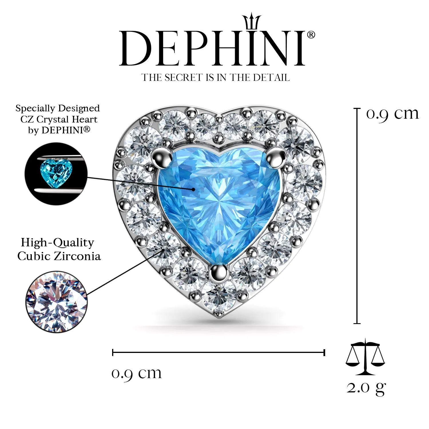 DEPHINI Heart Stud Earrings  925 Sterling Silver Heart CZ Crystals