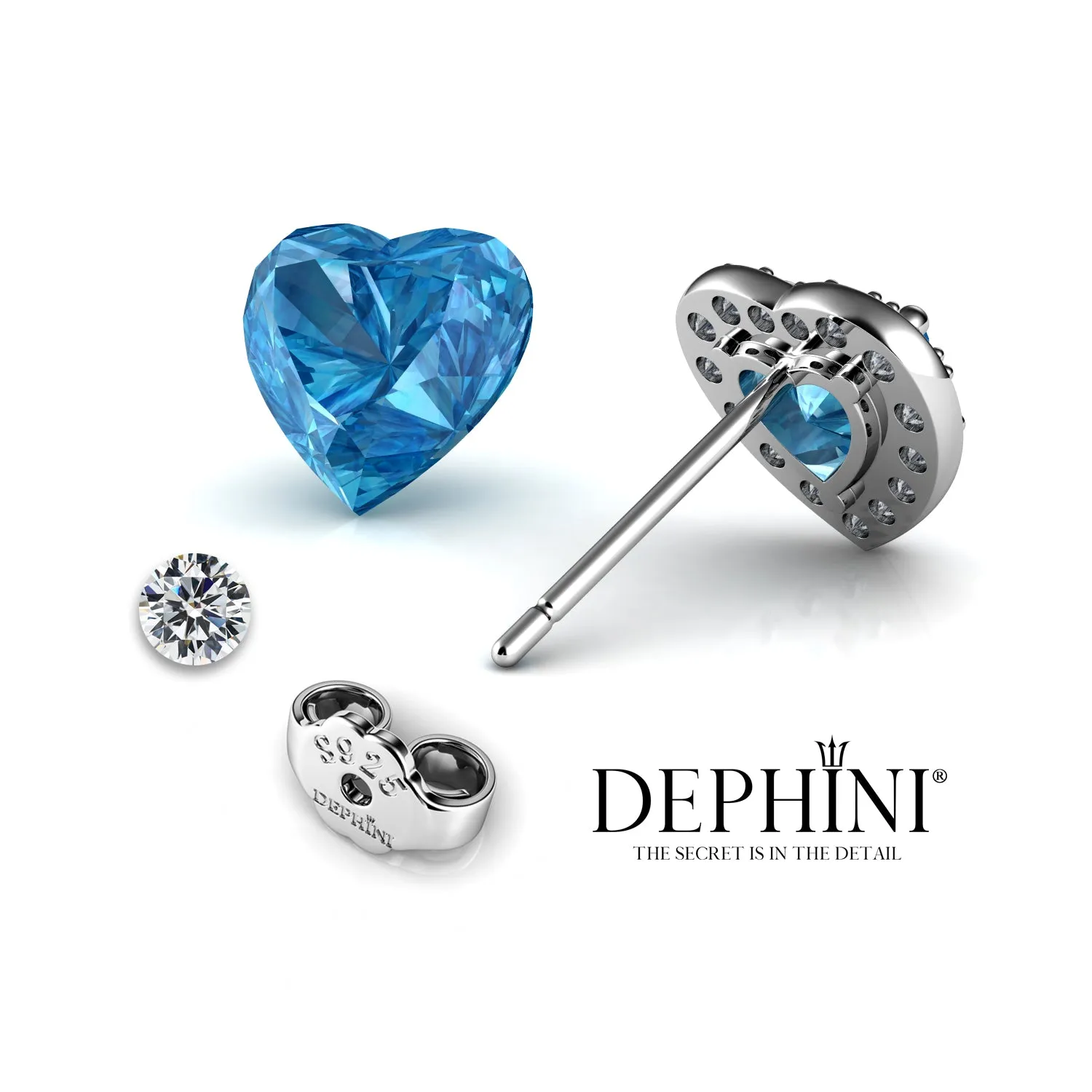 DEPHINI Heart Stud Earrings  925 Sterling Silver Heart CZ Crystals