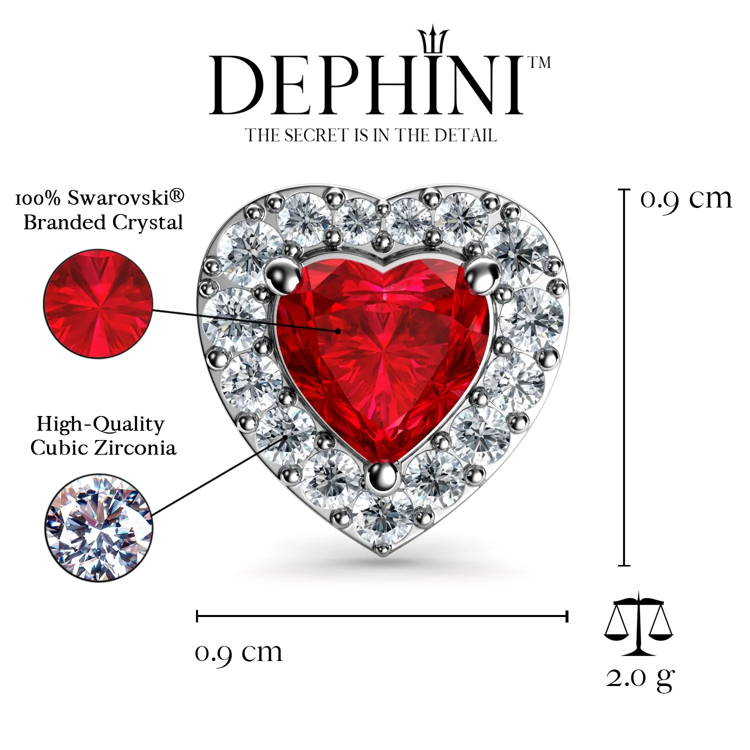 DEPHINI Red Heart Earrings - 925 Sterling Silver Heart Stud CZ Crystal