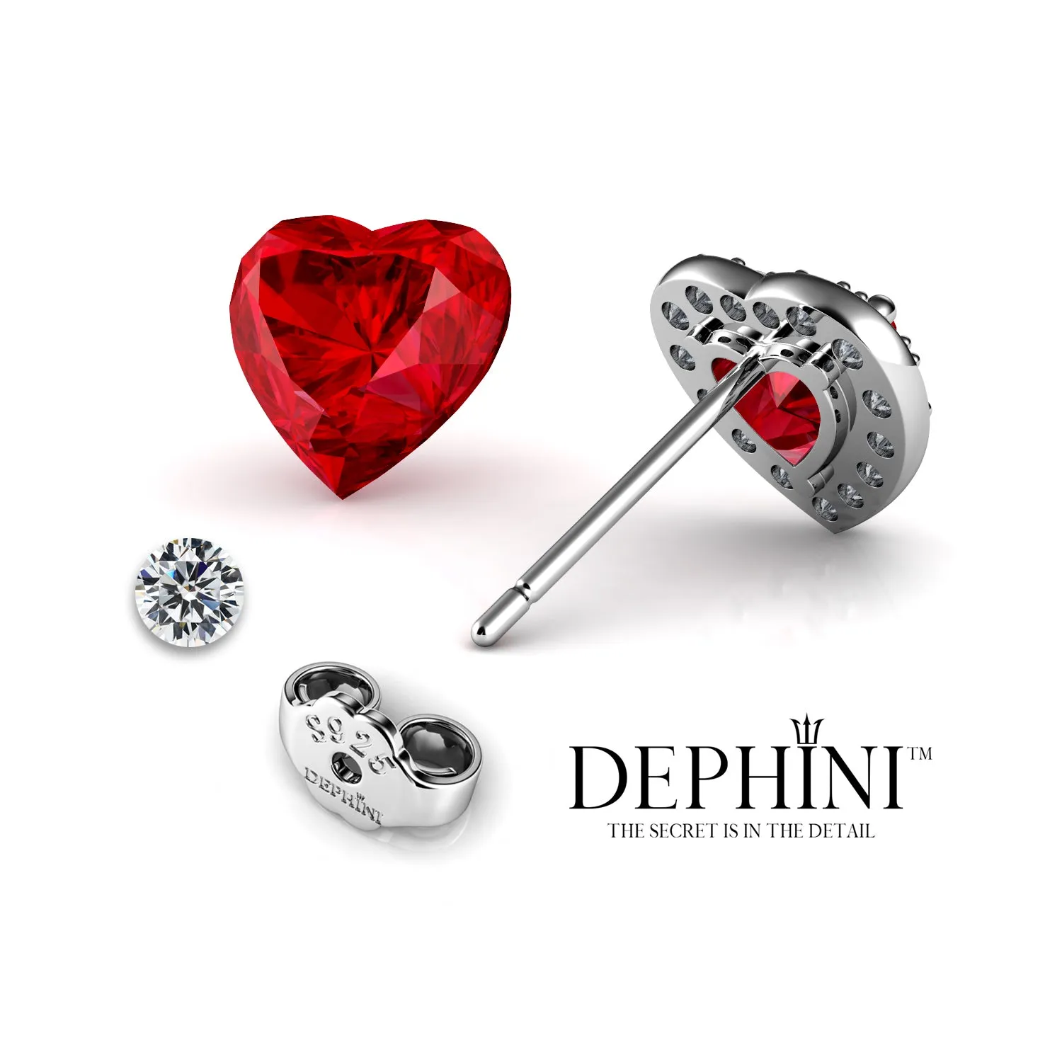 DEPHINI Red Heart Earrings - 925 Sterling Silver Heart Stud CZ Crystal