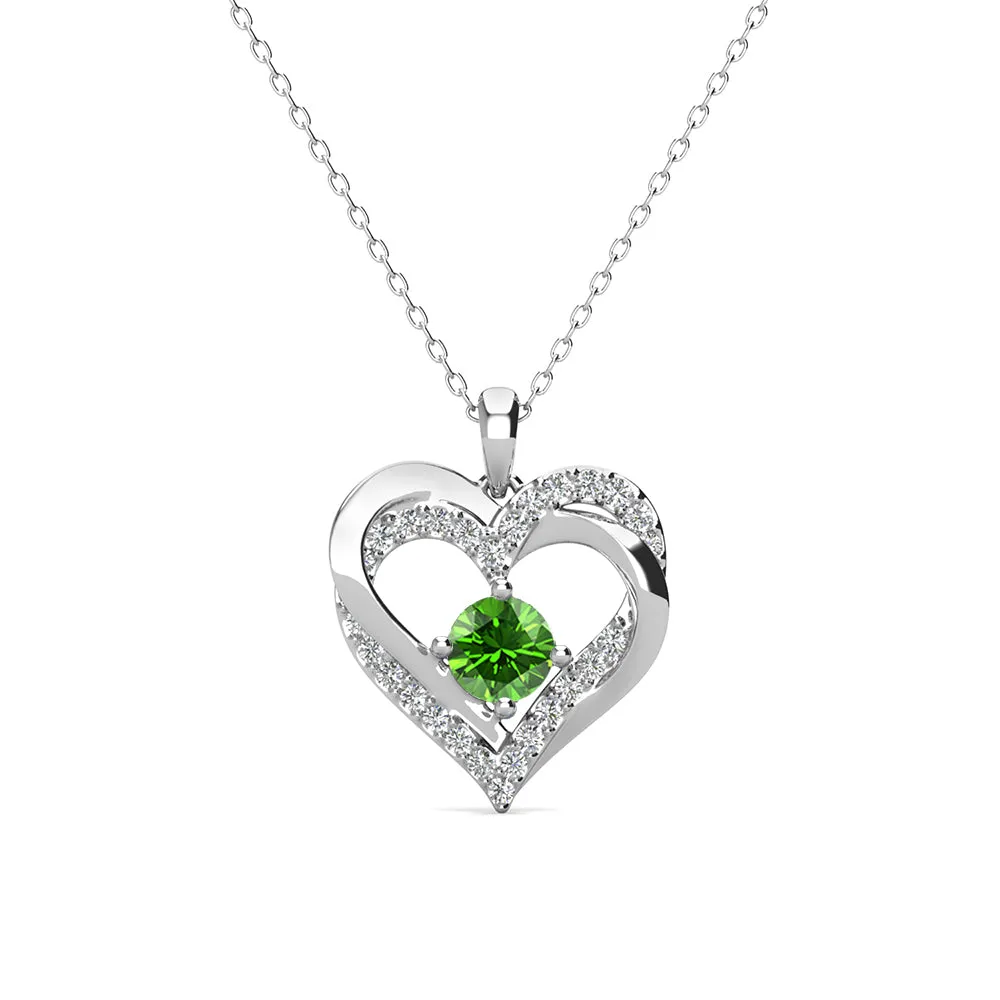 Forever August Birthstone Peridot Necklace, 18k White Gold Plated Silver Double Heart Crystal Necklace