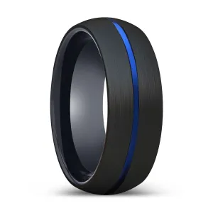 FORTUNE | Black Ring, Black Tungsten Ring, Blue Groove, Domed