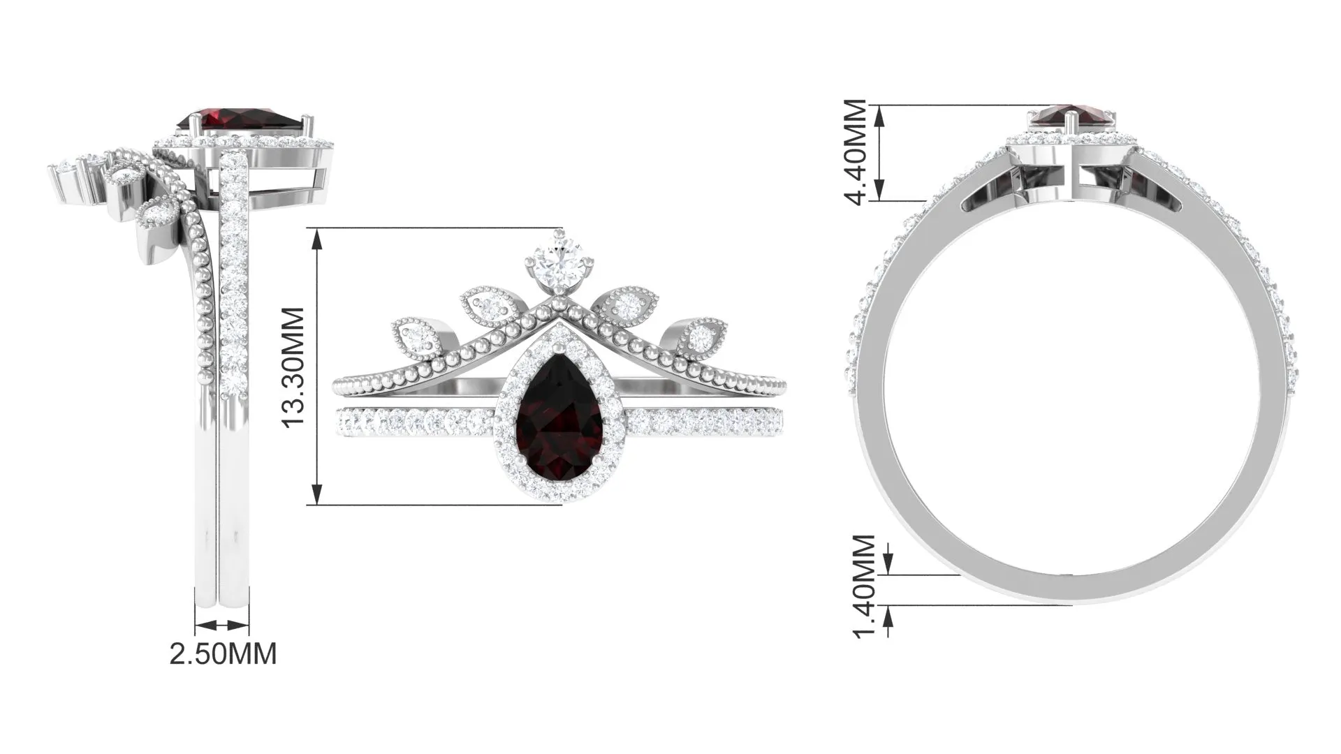 Garnet Vintage Teardrop Wedding Ring Set with Diamond