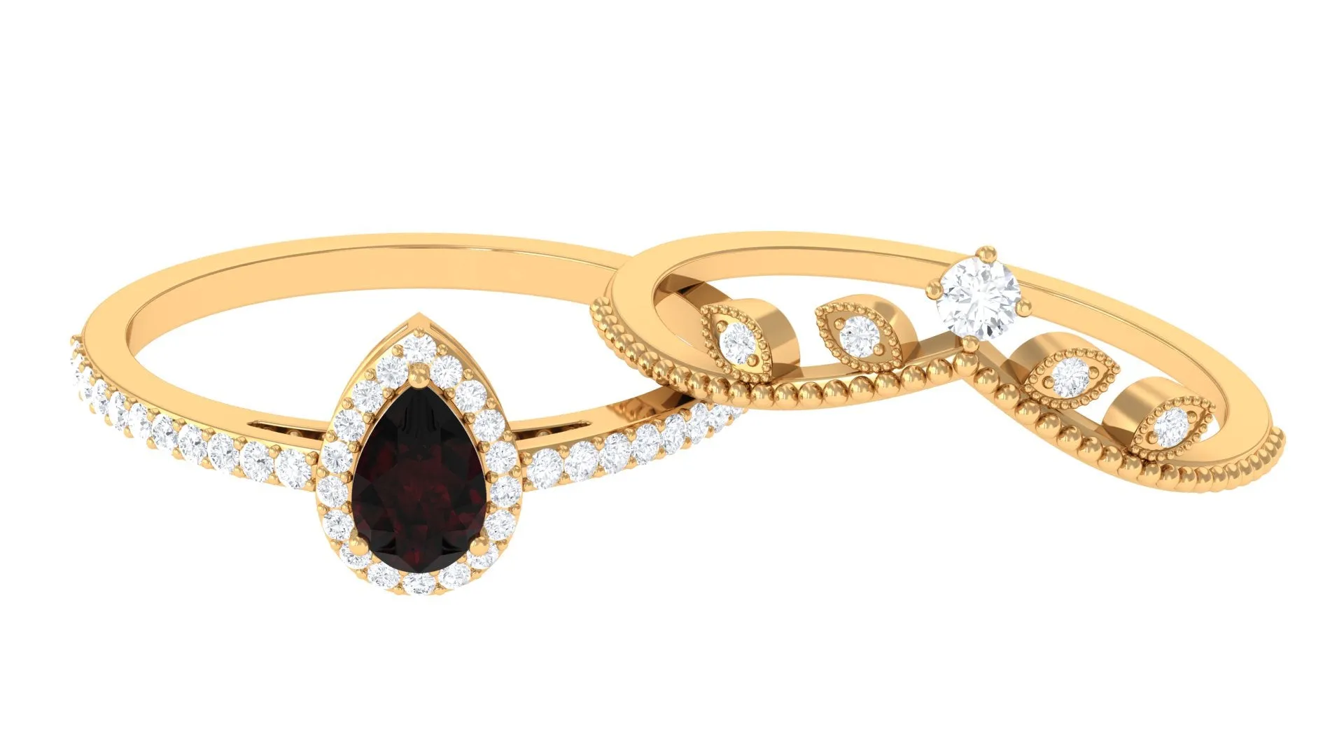 Garnet Vintage Teardrop Wedding Ring Set with Diamond