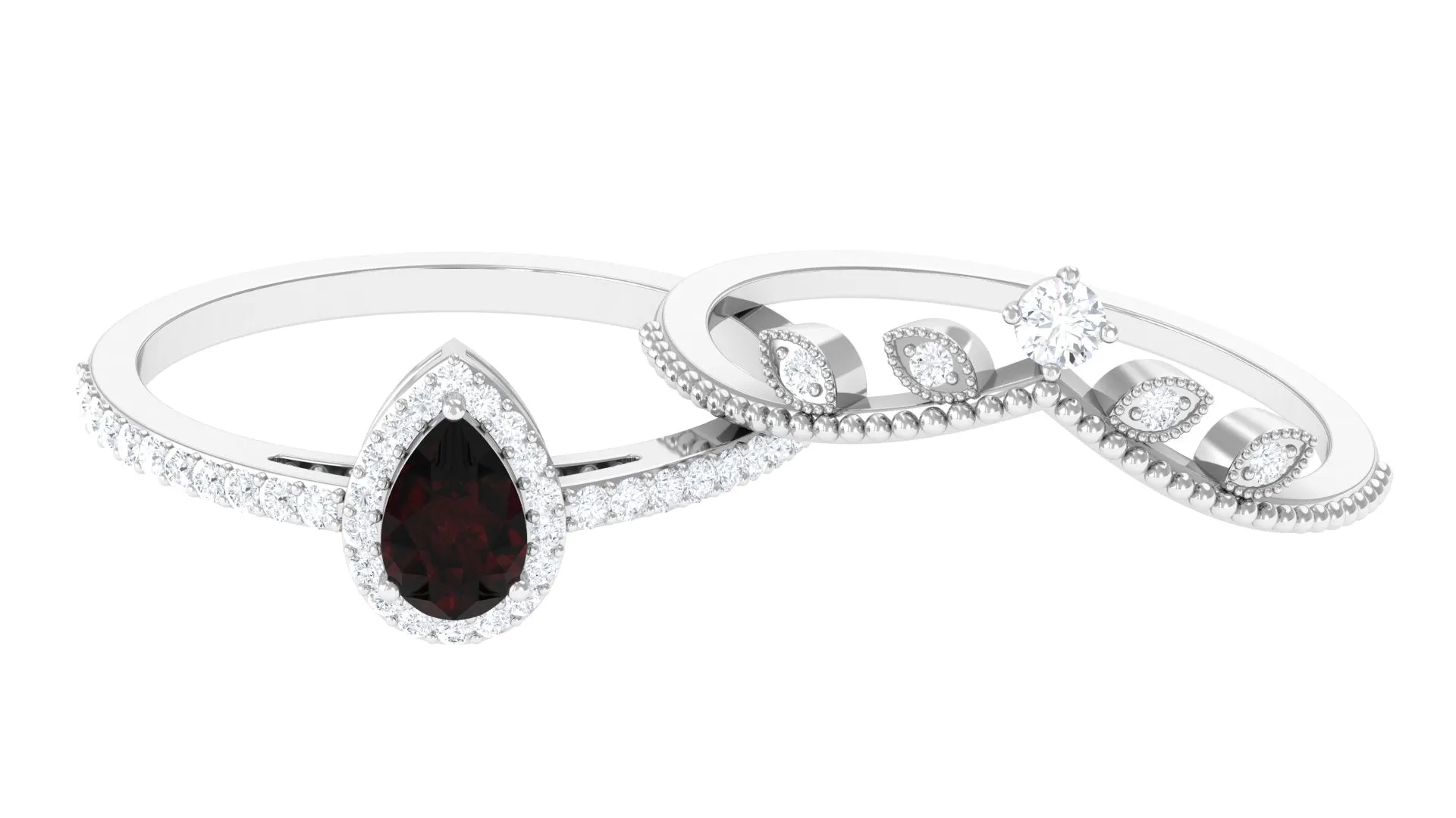 Garnet Vintage Teardrop Wedding Ring Set with Diamond