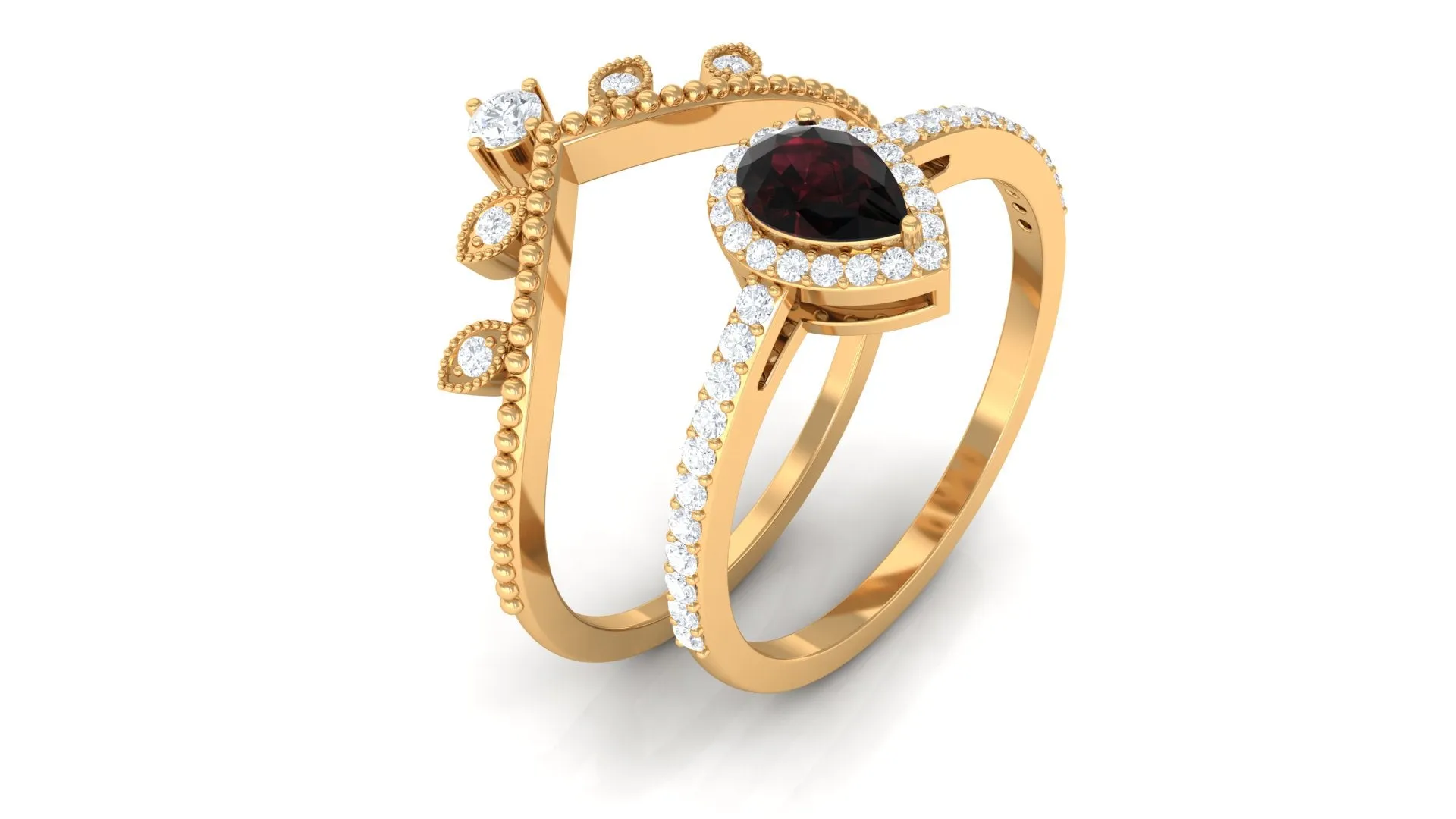 Garnet Vintage Teardrop Wedding Ring Set with Diamond