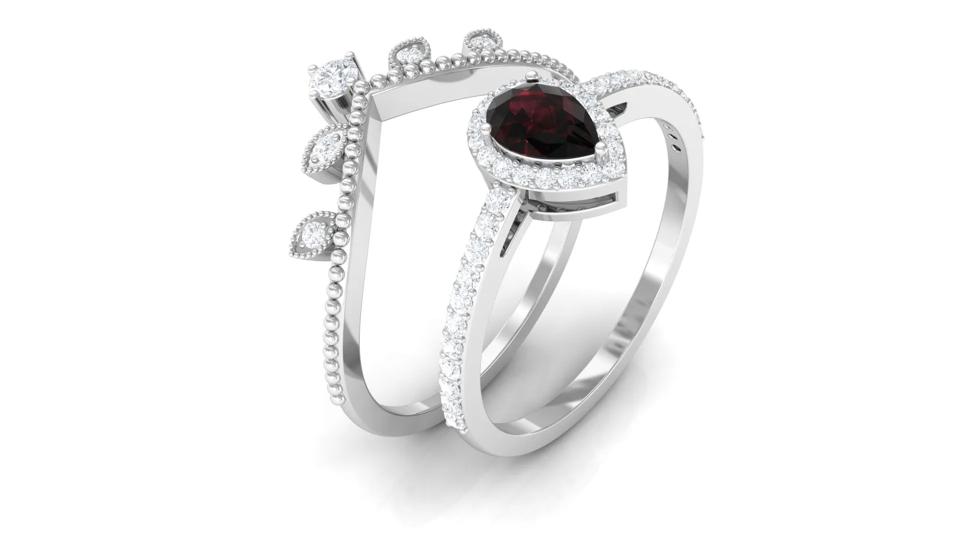 Garnet Vintage Teardrop Wedding Ring Set with Diamond