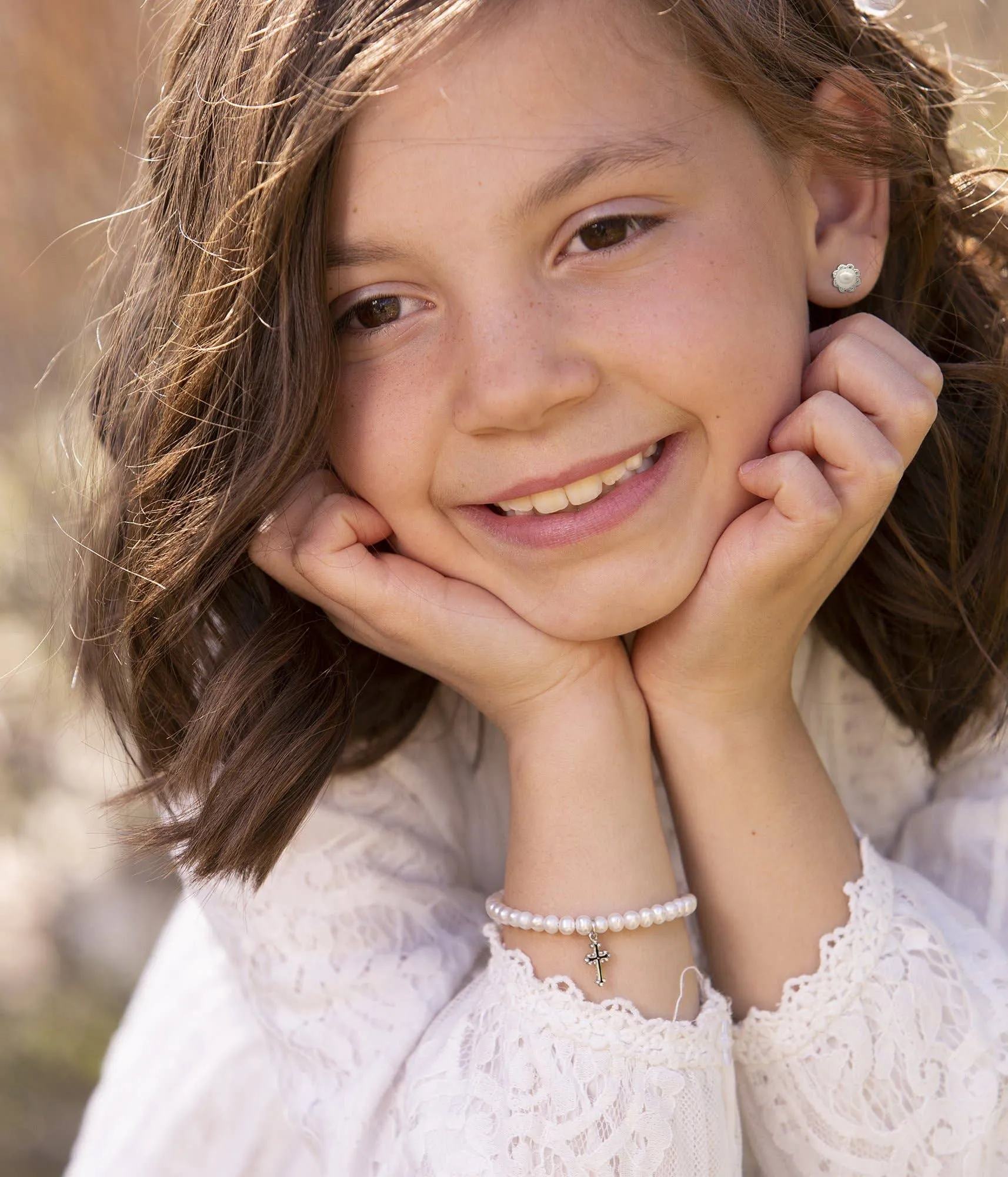 Girls Silver Pearl Cross Baby Baptism and Communion Bracelet: Large 6-12 Years