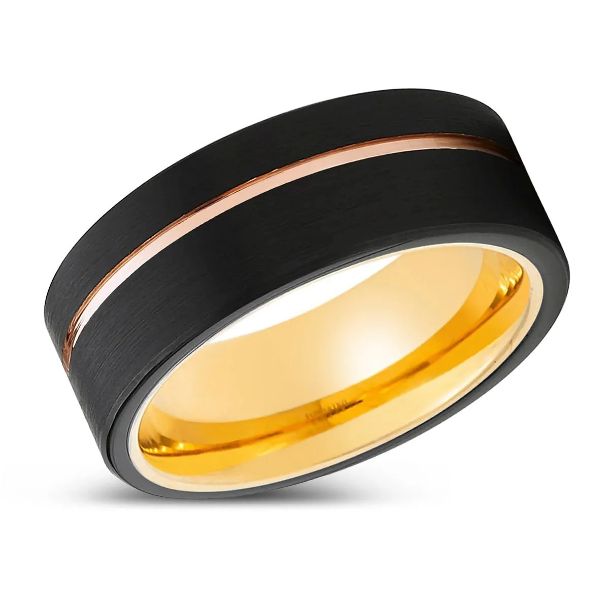 GLORIOUS | Gold Ring, Black Tungsten Ring, Rose Gold Offset Groove, Brushed, Flat