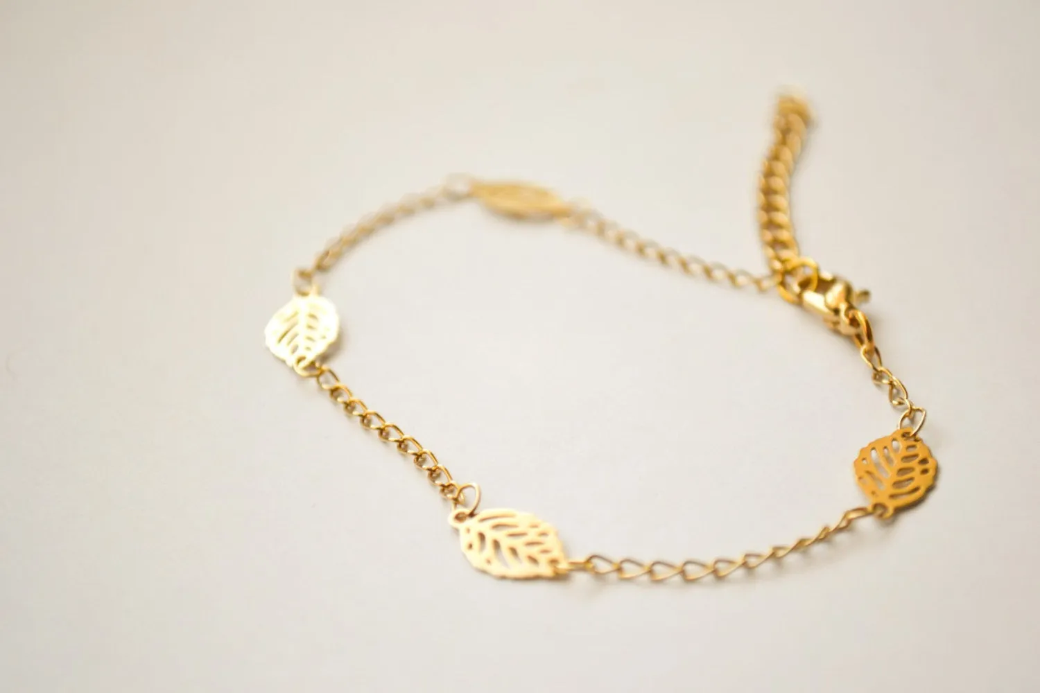 Gold chain bracelet, gold plated leaf charms, adjustable, minimalist gift for her