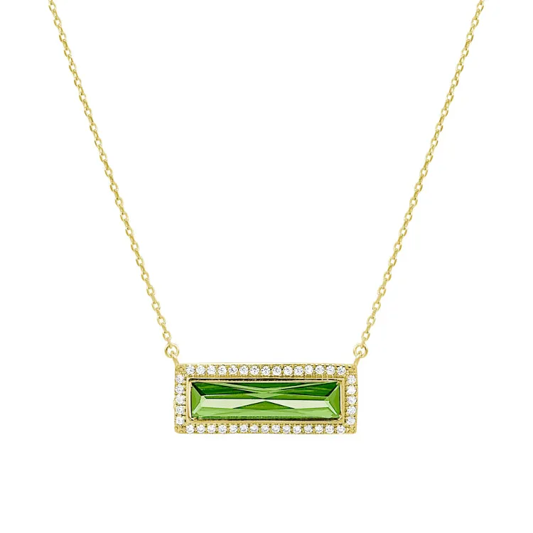 Gold Finish Sterling Silver Necklace with Rectangular Simulated Peridot Stone and Simulated Diamonds on 16" - 18" Chain