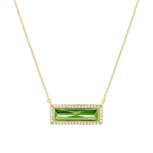 Gold Finish Sterling Silver Necklace with Rectangular Simulated Peridot Stone and Simulated Diamonds on 16" - 18" Chain