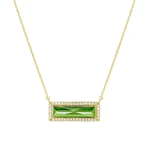 Gold Finish Sterling Silver Necklace with Rectangular Simulated Peridot Stone and Simulated Diamonds on 16" - 18" Chain