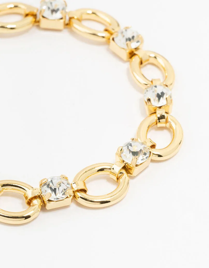 Gold Plated Alternating Oval & Crystal Bracelet