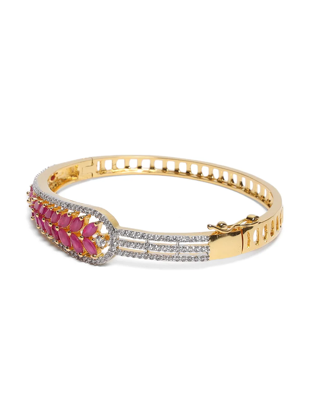 Gold-Plated American Diamond And Ruby Studded Leaf Patterned Bracelet