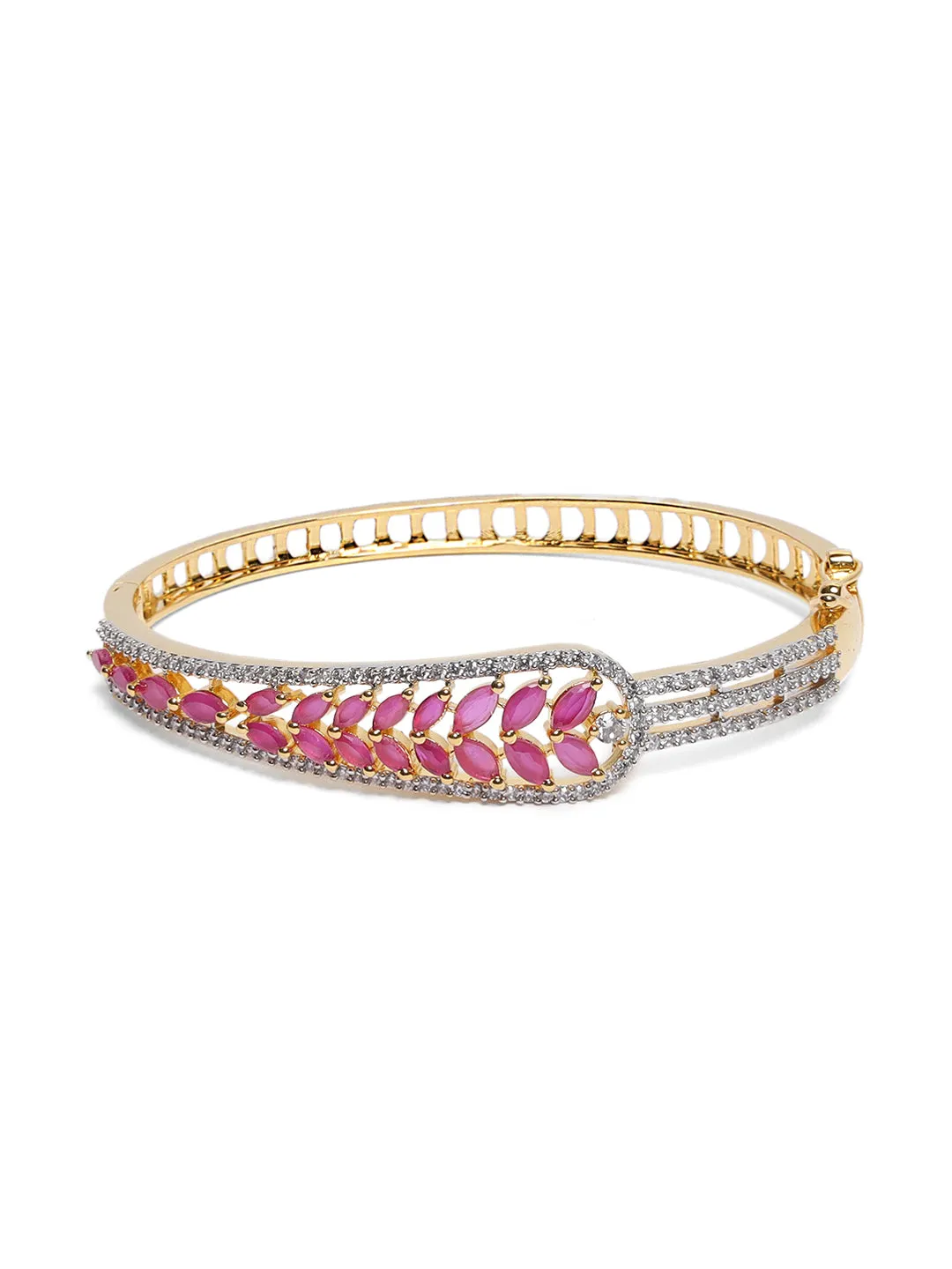 Gold-Plated American Diamond And Ruby Studded Leaf Patterned Bracelet