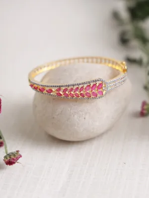 Gold-Plated American Diamond And Ruby Studded Leaf Patterned Bracelet